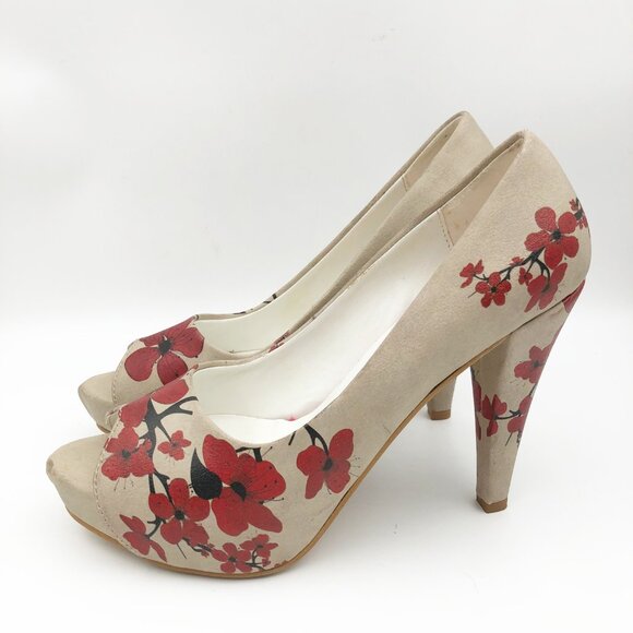 GOBY Sakura Red Floral Peep Toe High Heels Pumps Womens 8 - Picture 4 of 10